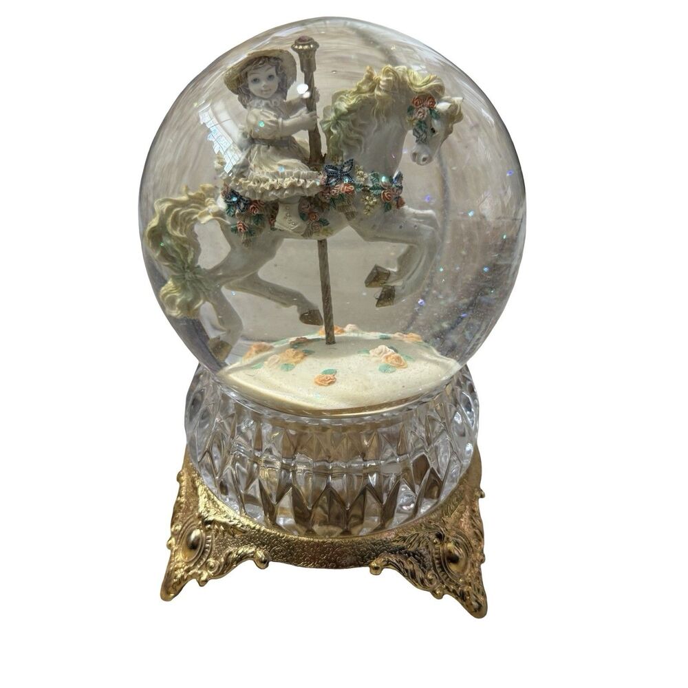 Music Carousel Horse Girl Snow Globe Vtg Heavy Lead Crystal You Are My Sunshine